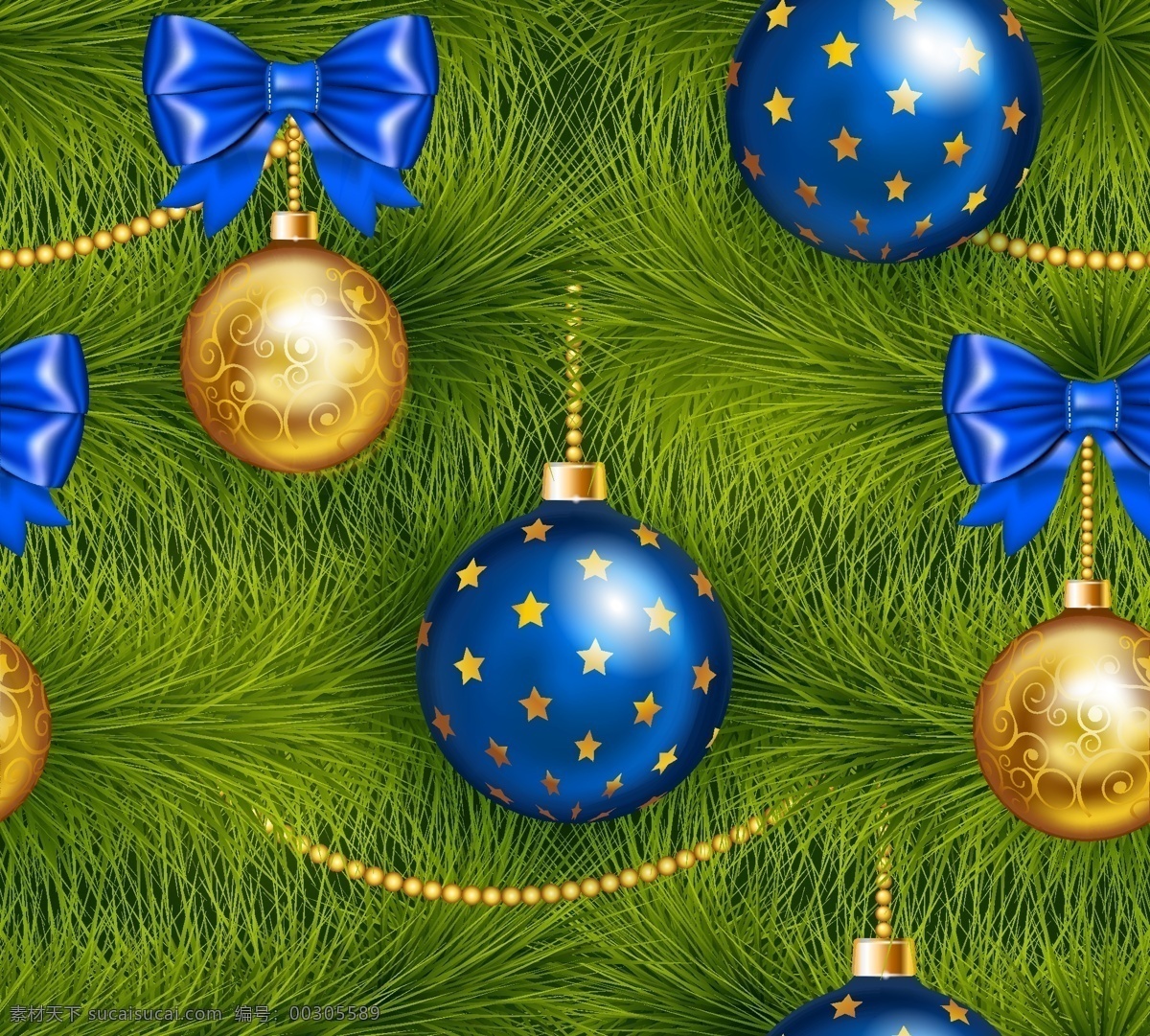 蓝色 圣诞球 矢量 蝴蝶结 松枝 圣诞节 丝带 无缝背景 高清图片