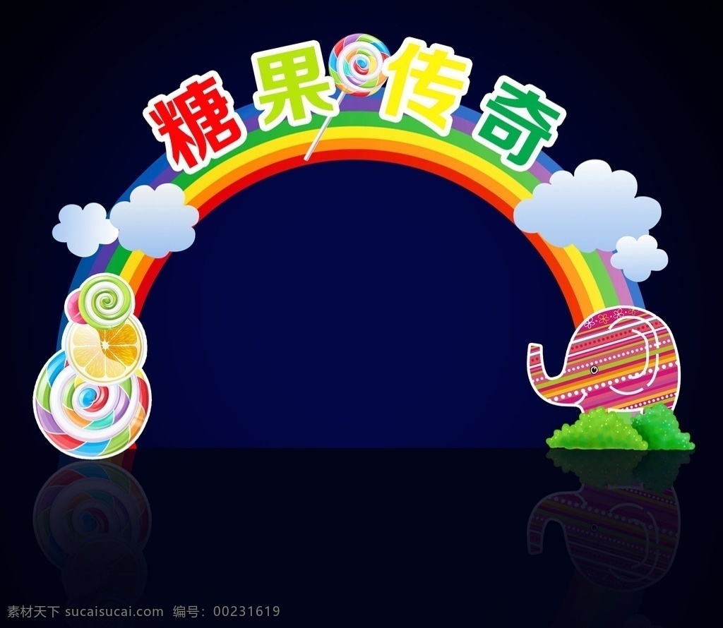 糖果拱门门楼 糖果 棒棒糖 大象 传奇 彩虹 云 拱门 门楼 彩色 分层
