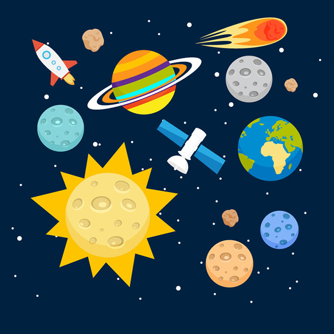 卡通 宇宙 元素 矢量 宇宙元素 矢量設(shè)計(jì) 地球 火箭 隕石 星球 外太空 土星 木星 藍(lán)色