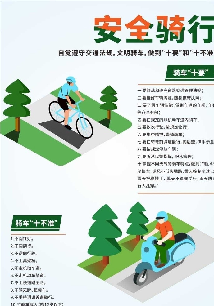 安全騎行 文明騎車 騎車十要 騎車十不準(zhǔn) 交通法規(guī)宣傳 卡通素材 騎車素材 電動車 自行車 海報