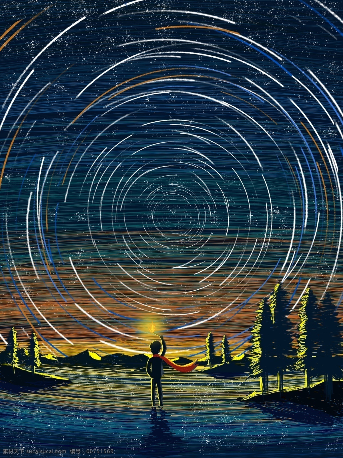 線圈 星空 探索者 仰望 星辰 小島 遠(yuǎn)山 星星 線圈插畫