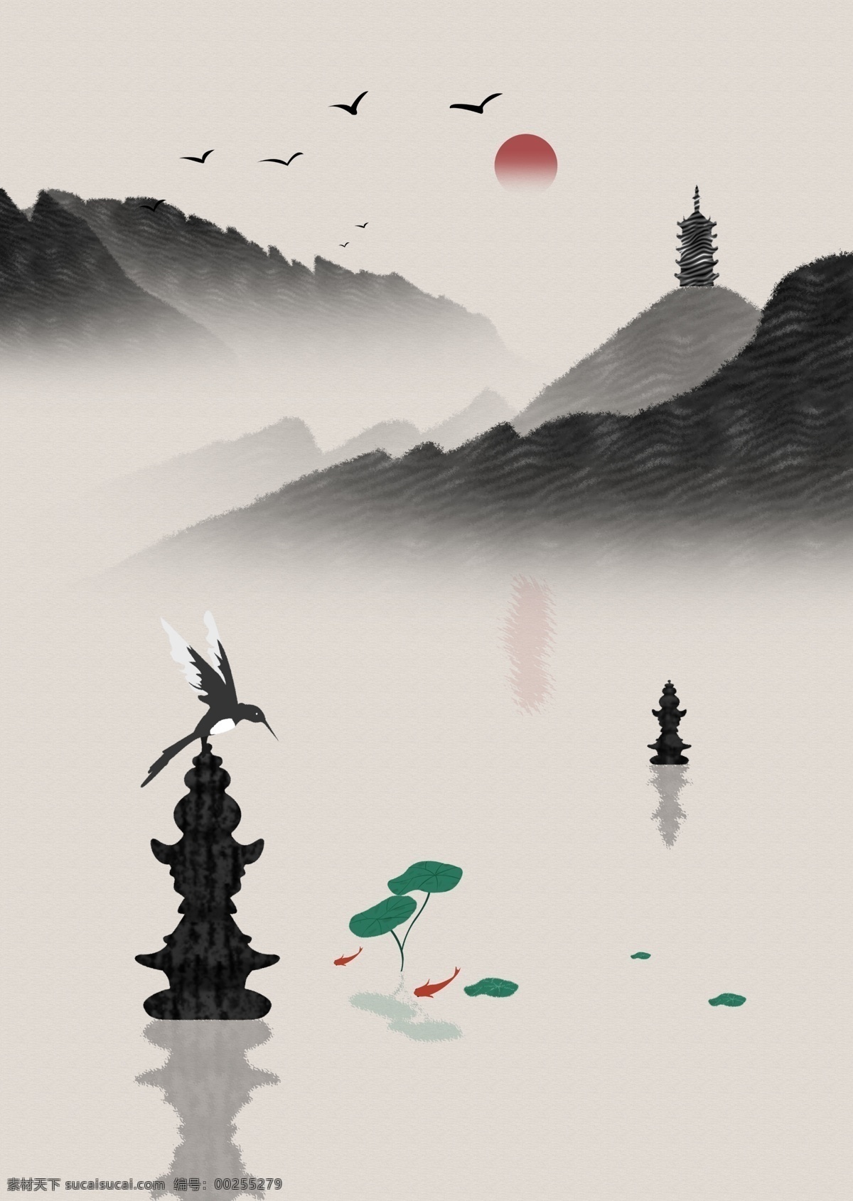 中式 山水 喜鵲 荷葉 辦公室 裝飾畫(huà) 山水畫(huà) 金魚(yú) 鯉魚(yú) 山川