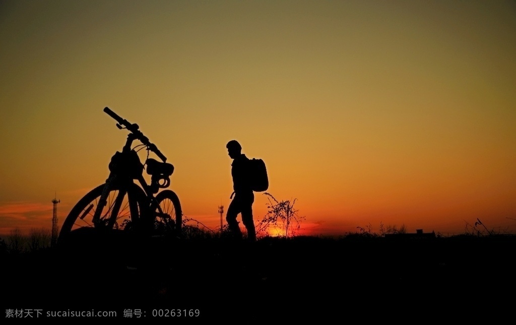 流浪 自行车 剪影 夕阳 黄昏 人 自然景观 田园风光