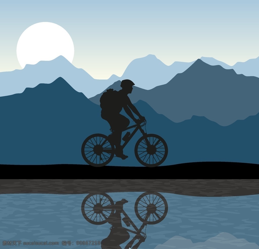骑 行 男子 剪影 山脉 湖泊 倒影 户外运动 骑行 矢量 高清图片