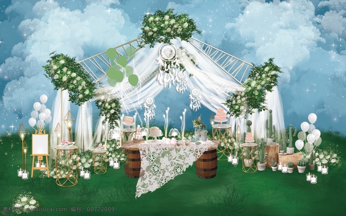森 系 ins 風(fēng) 簡(jiǎn)約 婚禮 甜品 區(qū) 工裝 效果圖 大氣 唯美 氣球 燈 森系 紗幔 甜品桌 水牌 蠟燭 酒桶