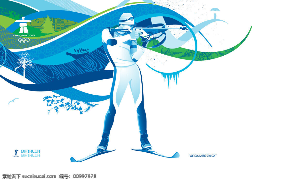 2010 温哥华 冬季 奥运会 剪影 雪橇 站立射击 冬奥会 蓝色 冬天 枪 卧倒 激情 绿色 希望 体育运动 文化艺术