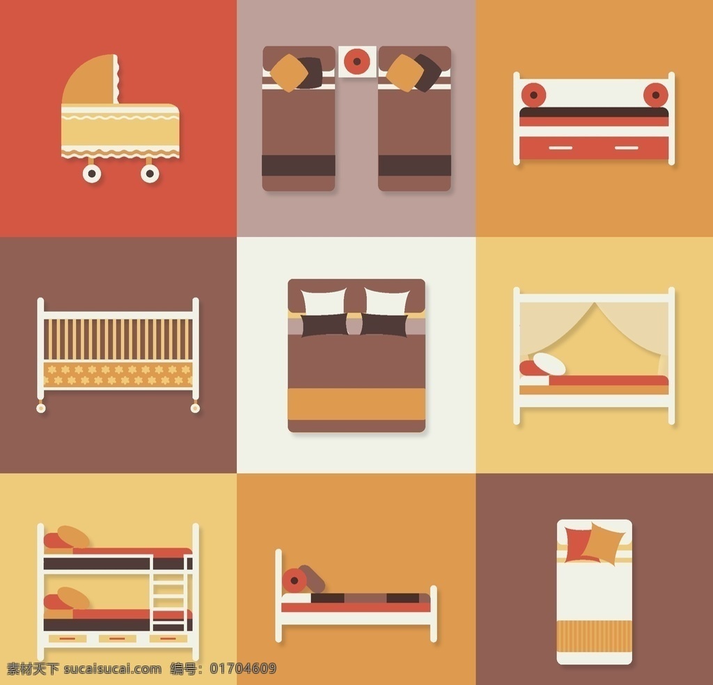 扁平化 床 图标 矢量 单人床 双人床 婴儿床 家具 高清图片
