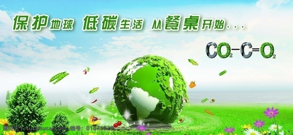 環(huán)保 綠色地球 低碳生活 保護(hù)地球 素食 蔬菜 水果 餐桌 森林 二氧化碳 碳 氧氣 花兒 草地 草坪 藍(lán)天白云 廣告設(shè)計(jì)模板 源文件