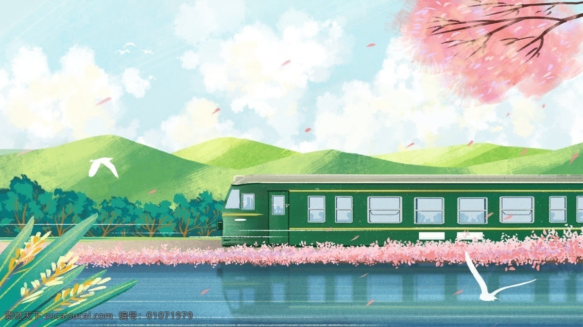 綠皮 火車 野外 風(fēng)景 交通工具 之綠皮火車 橫圖 春天 春暖花開 動漫動畫 風(fēng)景漫畫