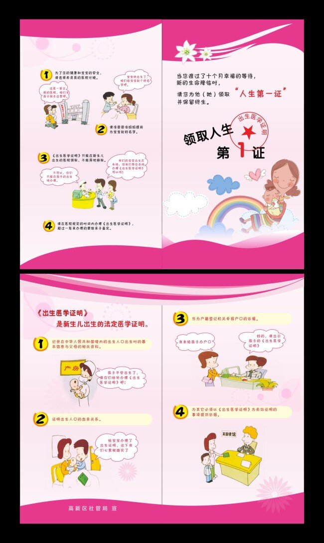 人生第一證 社保 證書(shū) 卡通小孩 嬰幼兒 粉色折頁(yè) 矢量花紋 彩虹 婦女 白色