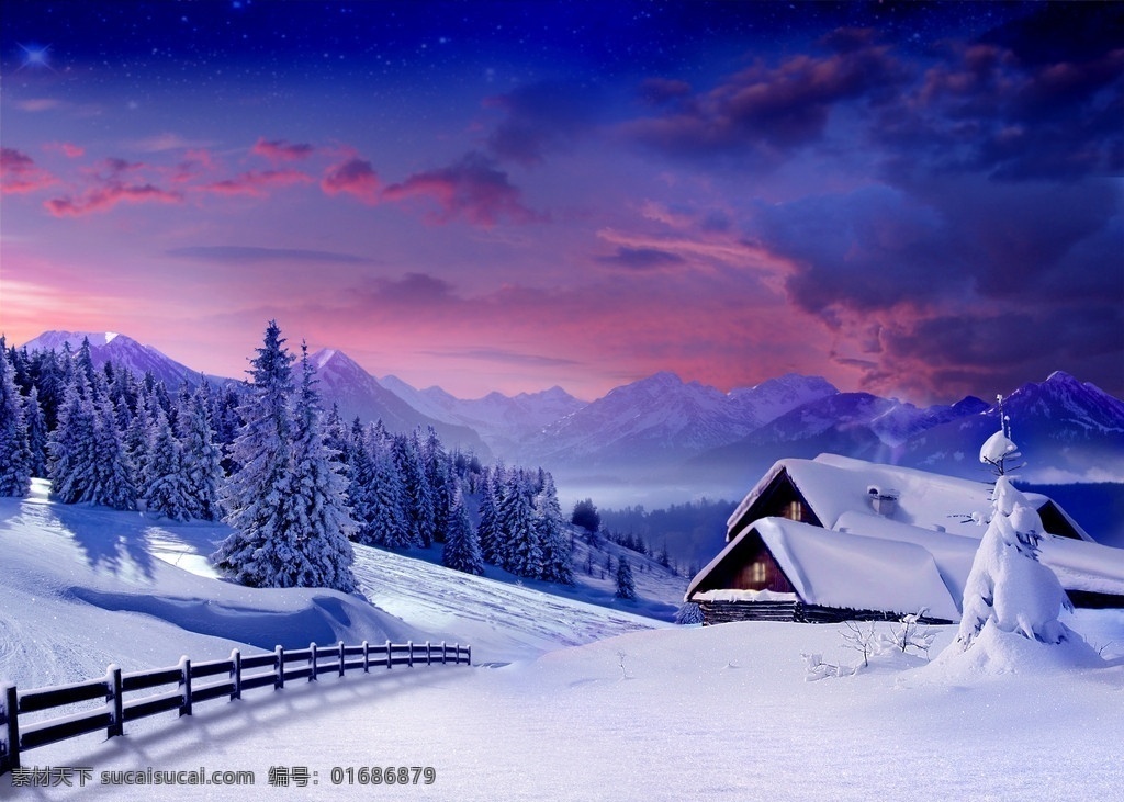 冬夜雪景 雪景 冬景 美景 雾淞 雪地 冬夜雪地 篱笆 房子 火烧云 冬季雪景 自然风景 自然景观