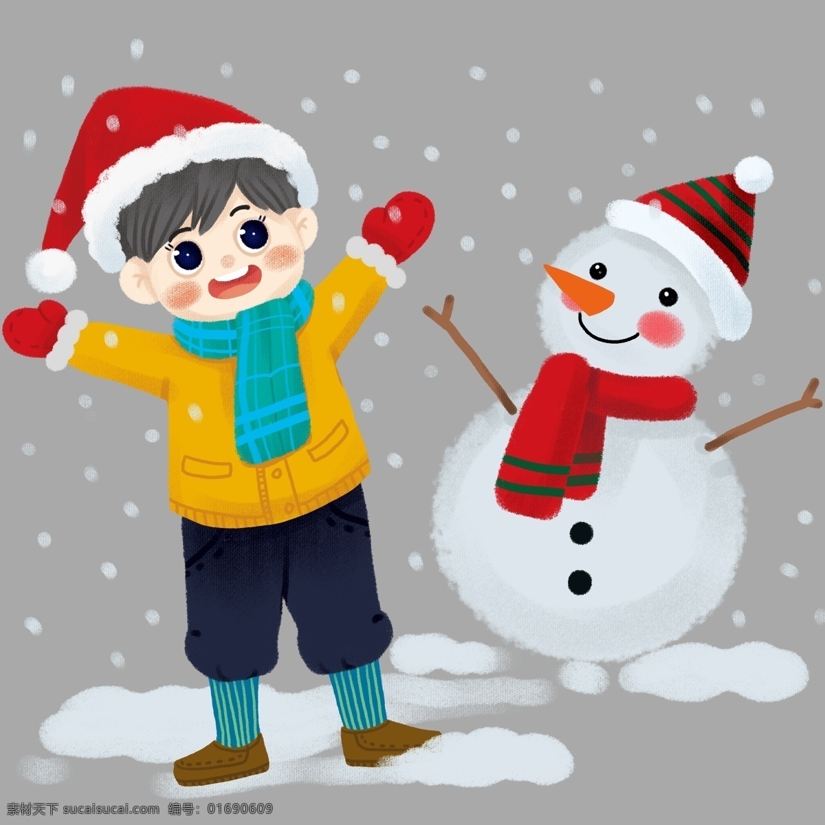 圣诞节 喜欢 下雪天 雪人 小 男孩 圣诞 节日 男孩女孩系列 礼物 传统习俗 可爱 卡通风 童话风格 边框 插画 壁纸 装饰画