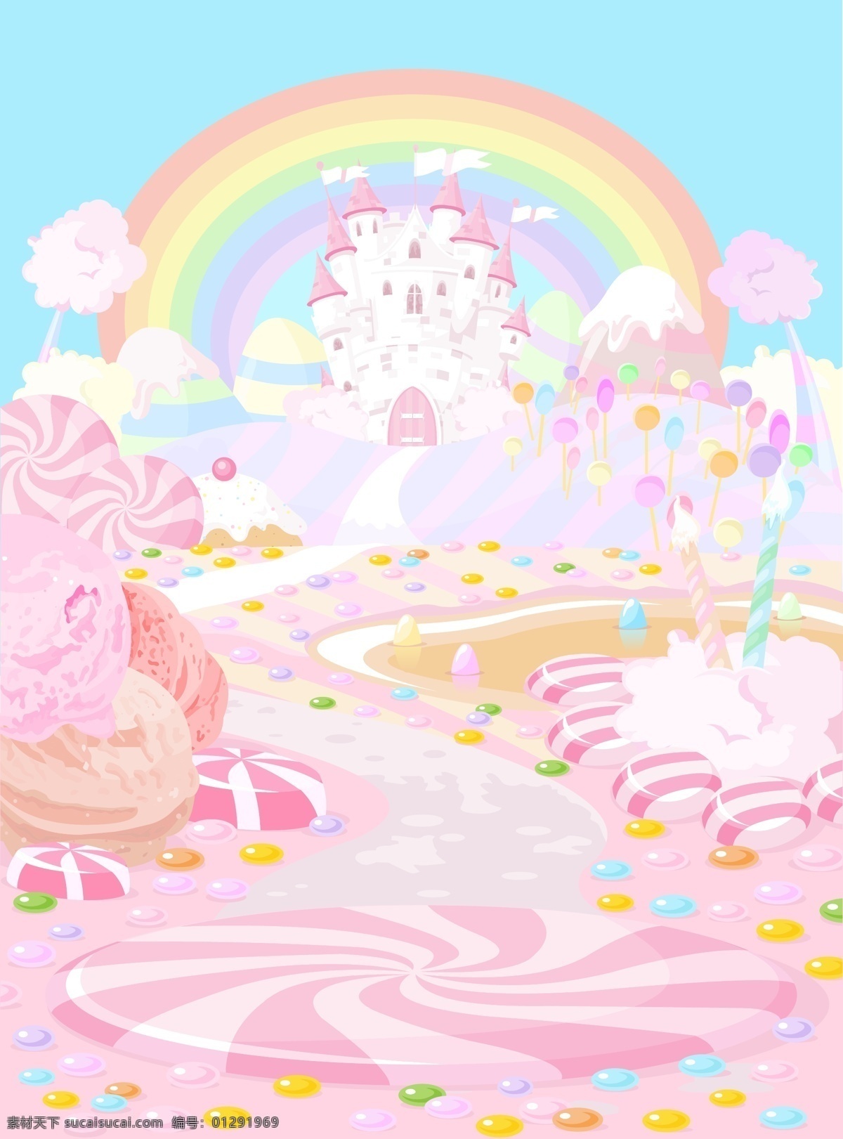 卡通 童话 糖果 城堡 冰淇淋 棒棒糖 水果硬糖 彩虹 云朵 矢量 高清图片