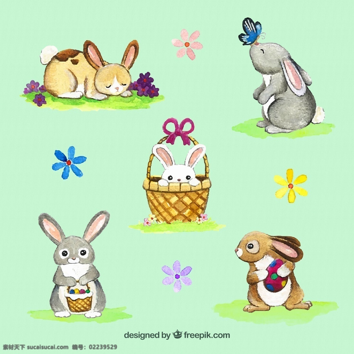 可爱 彩绘 兔子 复活节 彩蛋 篮子 蝴蝶 花卉 矢量 高清图片