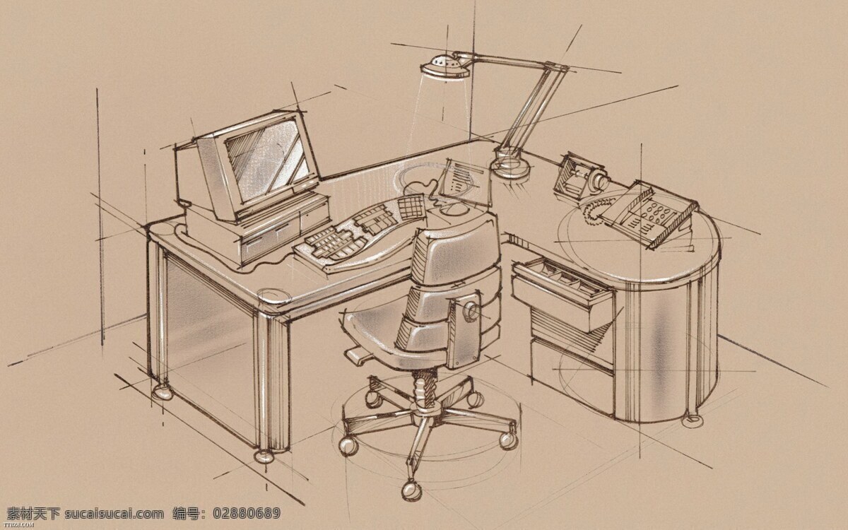 精美 手绘 办公 区域 个人 办公用品 电脑桌 办公桌 素描 台灯 工作区 插画集