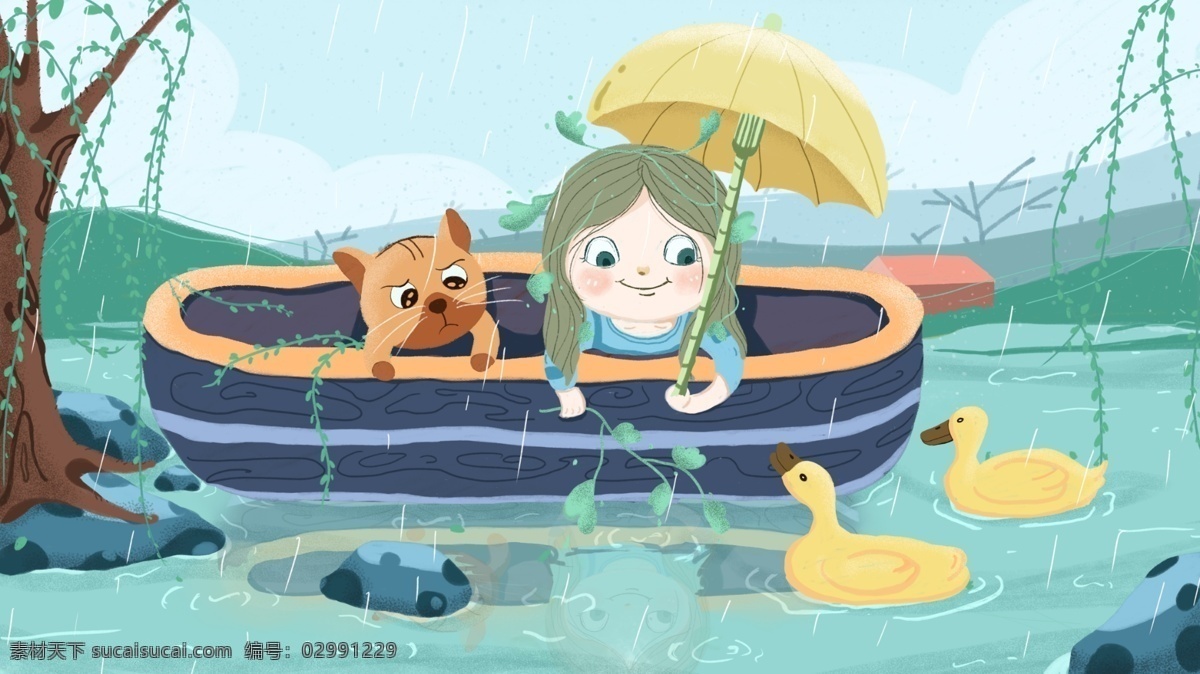 蓝色 彩绘 卡通 女孩 猫咪 坐船 清新 插画 背景 蓝色背景 船 雨伞 鸭子 唯美 创意
