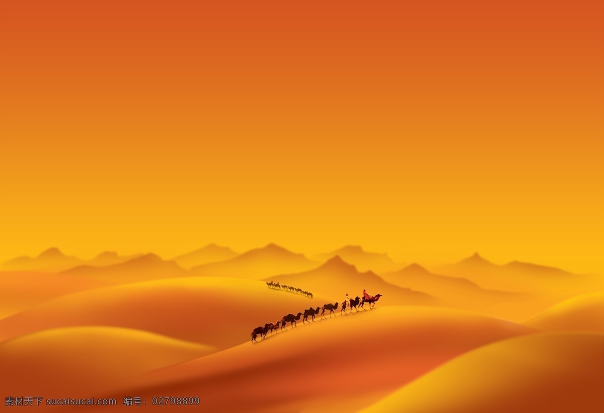精美 沙漠 风光 骆驼 分层 金色 矢量 源文件