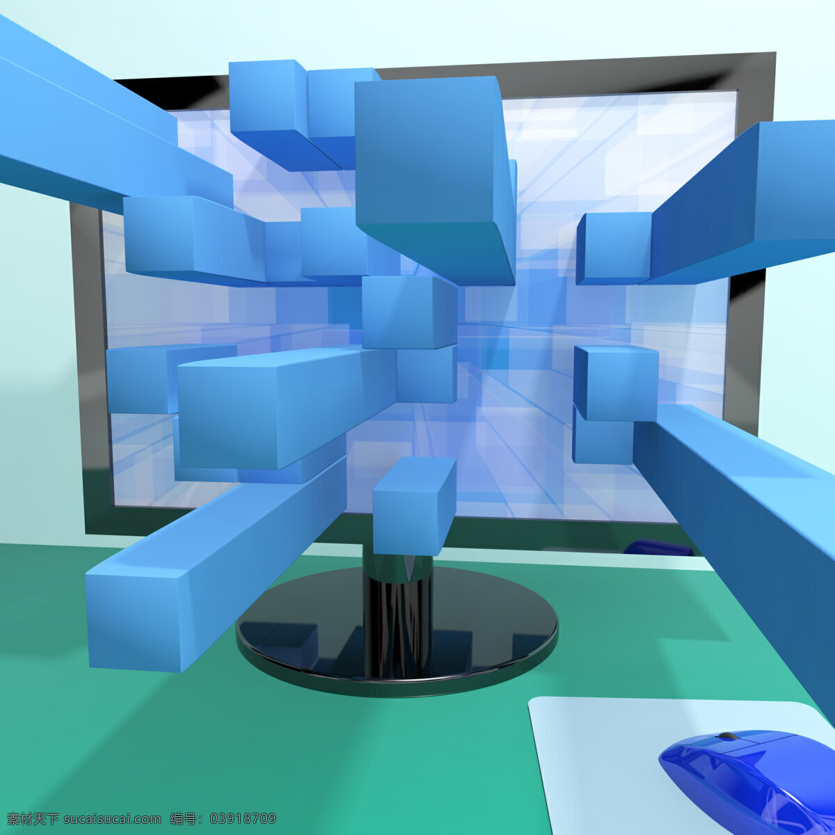 三维 方 计算机 监视器 显示 图形 软件 插图 青色 天蓝色