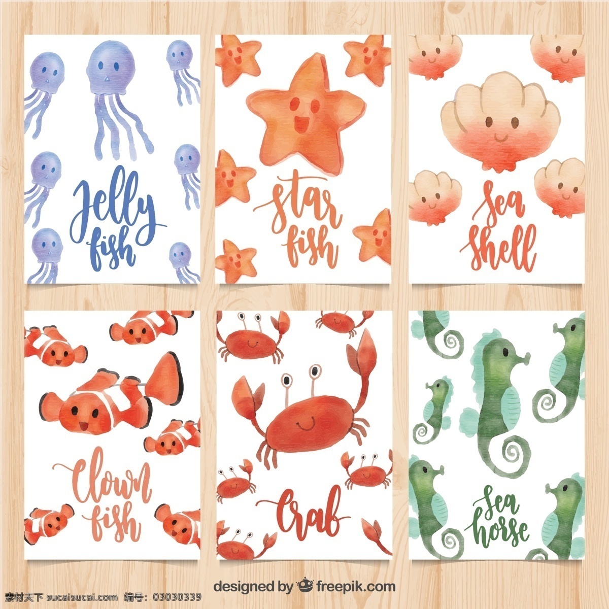 海洋 动物 卡片 水母 海星 贝壳 小丑鱼 螃蟹 矢量 高清图片