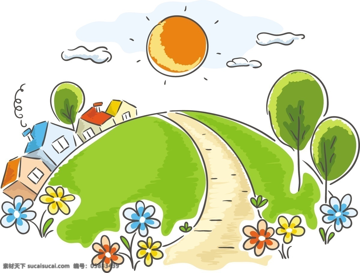 卡通 风景 插画 太阳 花朵 草地 树木 房屋 矢量 高清图片