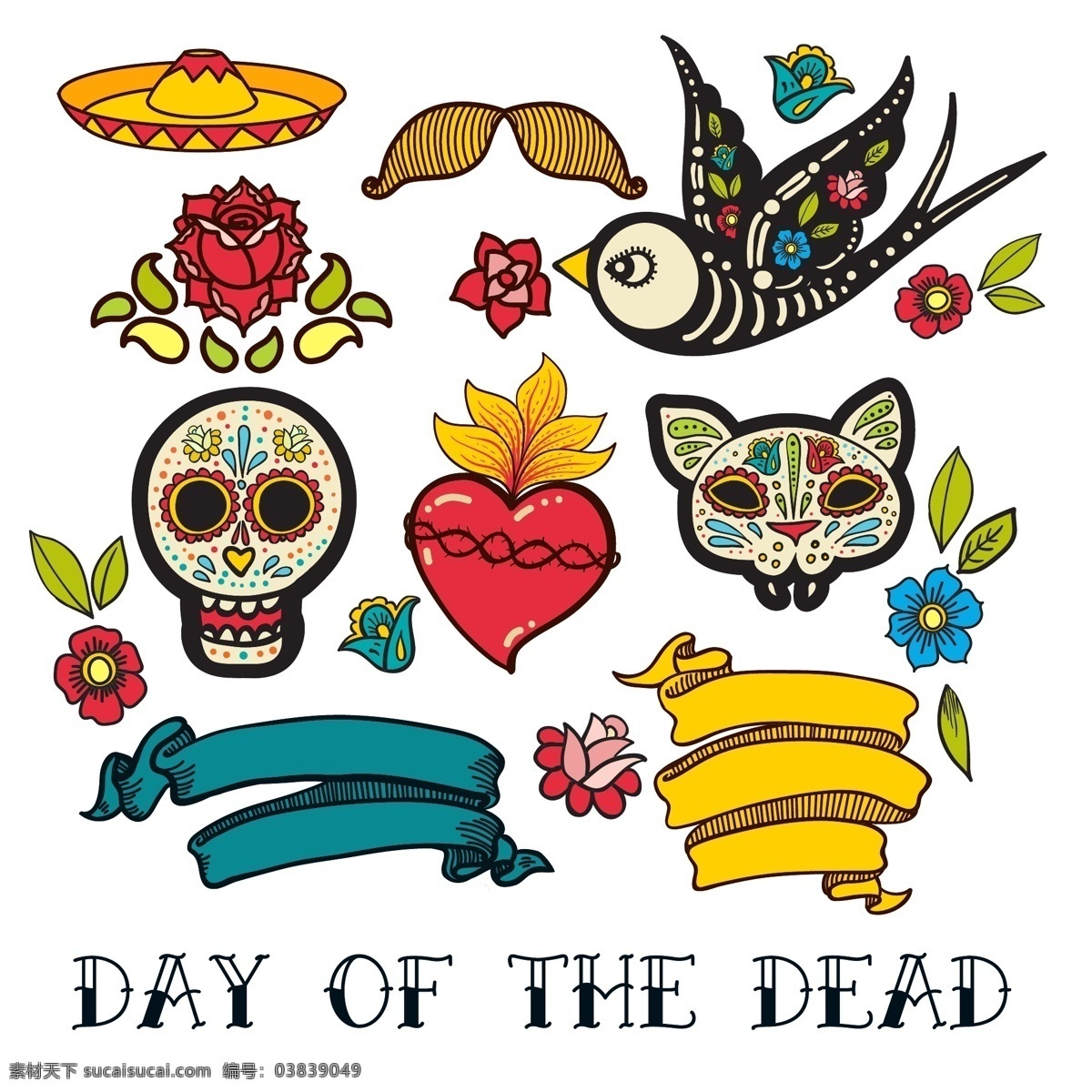 死亡 日 图标 贴纸 糖 头骨 圣心 贴花 民间艺术 装饰 印刷 海报 达德 洛斯 穆尔 托斯 墨西哥