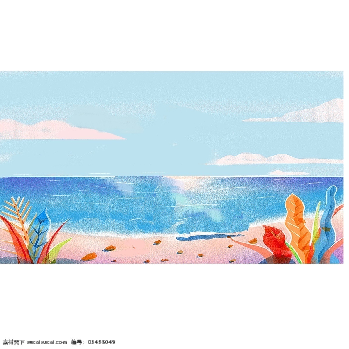 夏天 蓝天 下 大 海边 海滩 白云 沙子 贝壳 黄色 蓝色 海草 海鸟 开心 高兴 清凉