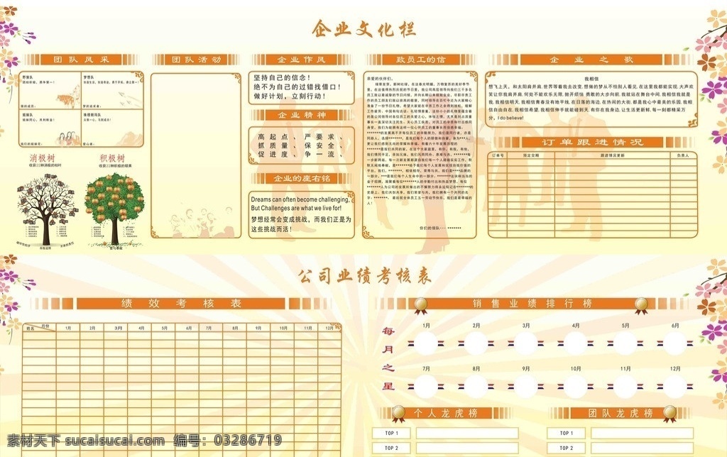 公司文化宣傳 企業(yè)文化宣傳 企業(yè)文化 企業(yè)精神 企業(yè)作風(fēng) 企業(yè) 文化 宣傳欄 企業(yè)座右銘 公司 業(yè)績 考核表 企業(yè)之歌 消極樹 積極樹 團隊風(fēng)采 團隊活動 訂單跟進情況 績效考核表 銷售 排行榜 個人龍虎榜 團隊龍虎榜 展板 展板模板 文化墻 矢量
