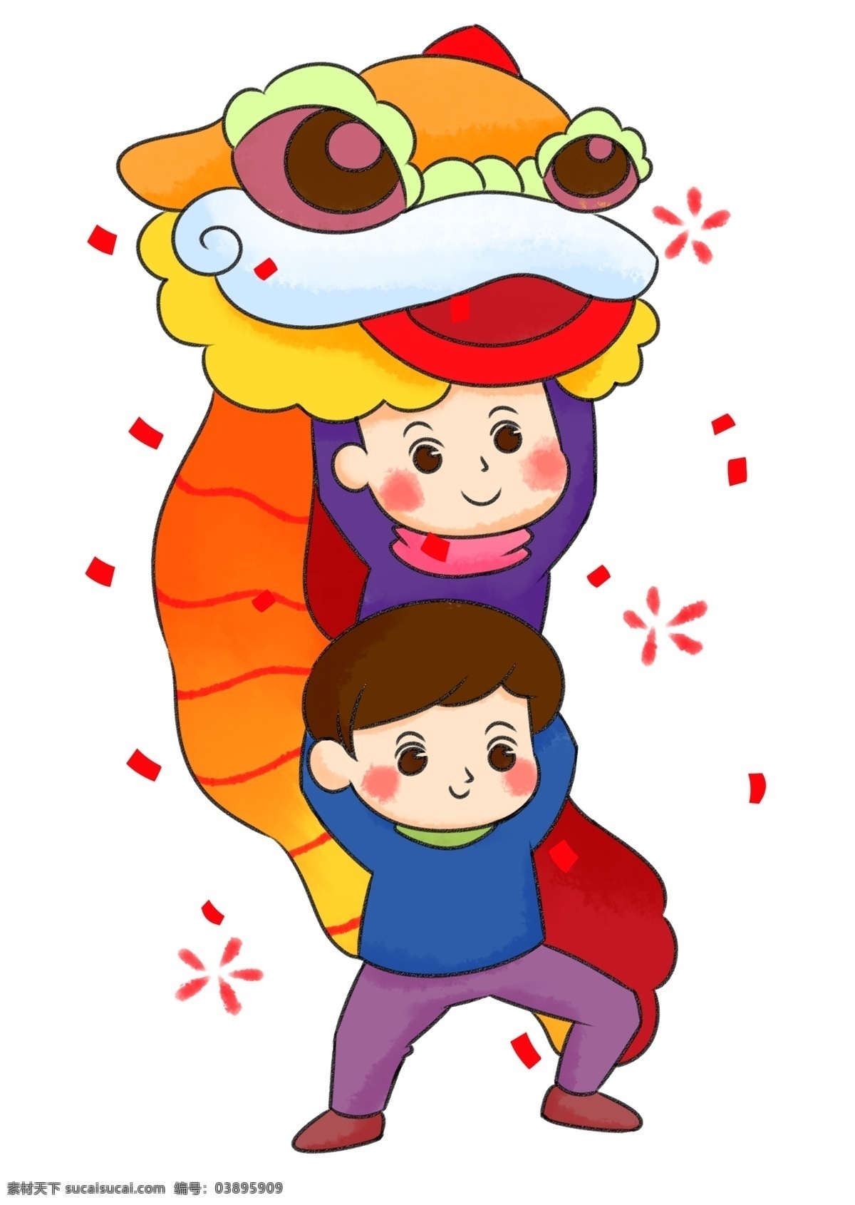 新年 喜庆 节庆 手绘 卡通 狮子 插画 舞狮 节日 舞龙 2019年 猪年 新春快乐 春节 新年快乐 小朋友 舞狮的小朋友