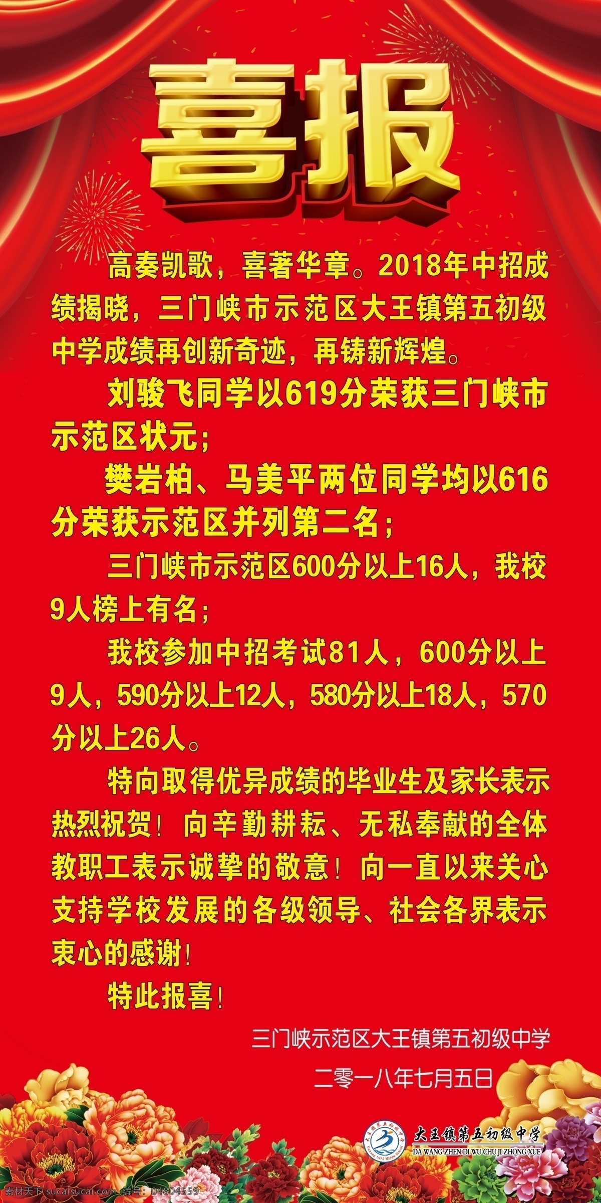 喜報(bào) 優(yōu)秀學(xué)生 牡丹花 紅色背景 彩帶 燈籠 招生 學(xué)校類(lèi) 分層