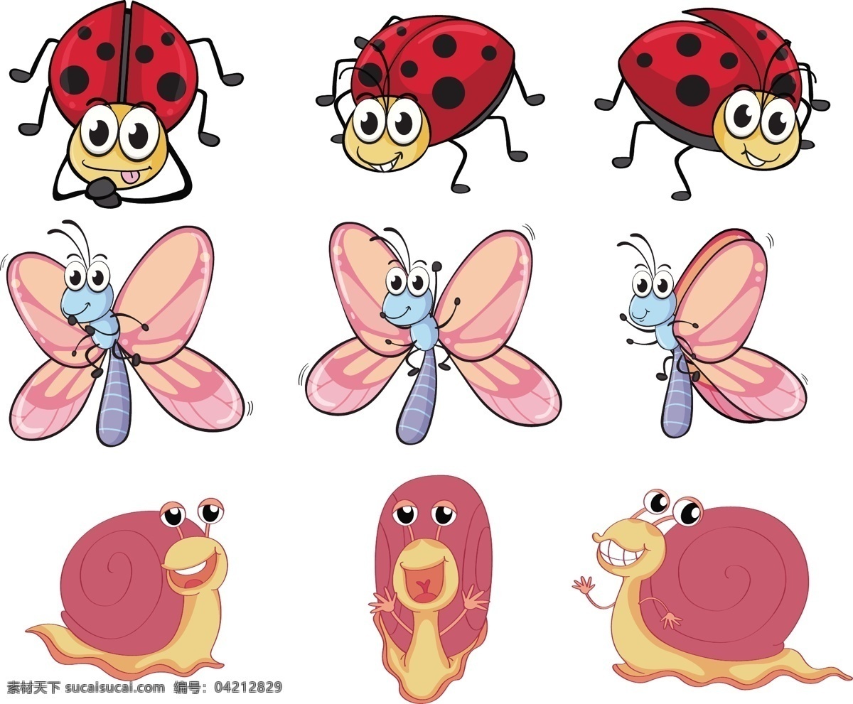 可爱 昆虫 瓢虫 蜜蜂 蜗牛 矢量 矢量素材