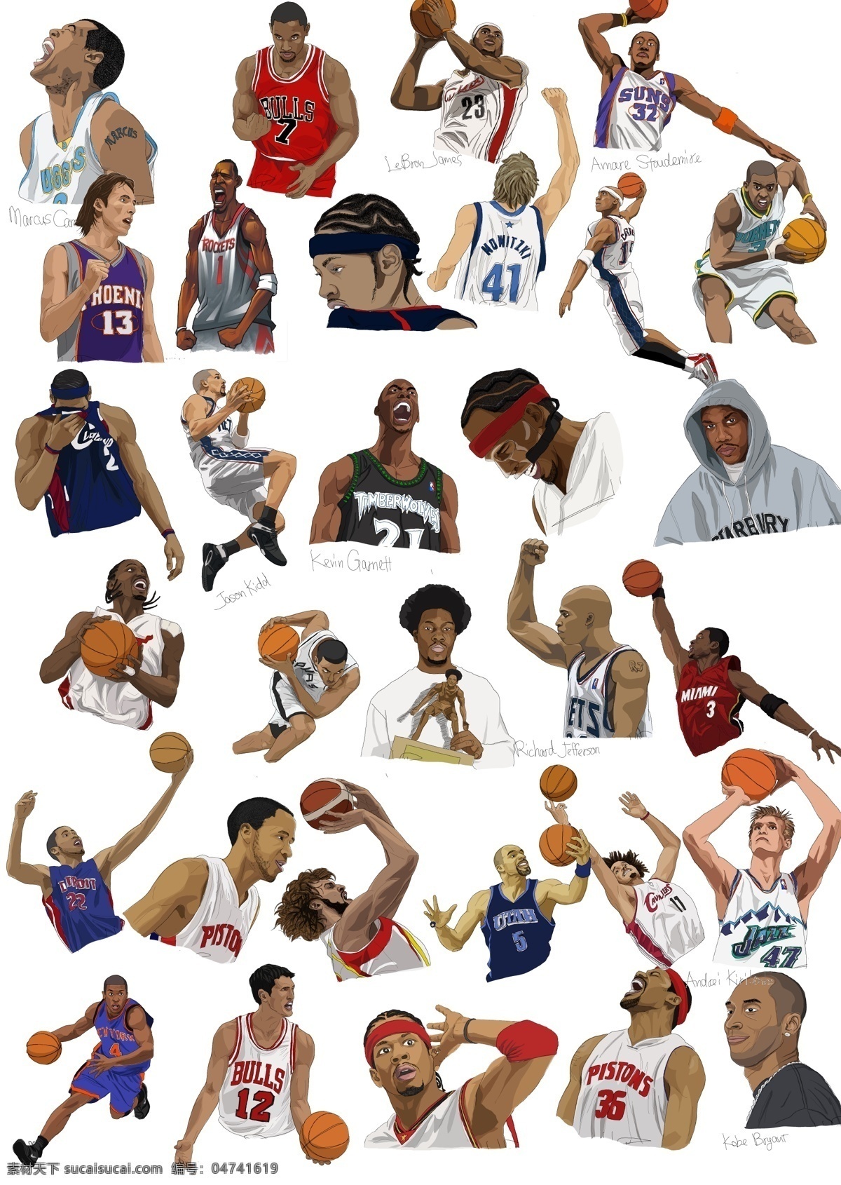 nba 明星 漫画 集合 全明星 篮球漫画 韦德 詹姆斯 麦蒂 热火队 球星 人物 分层 源文件