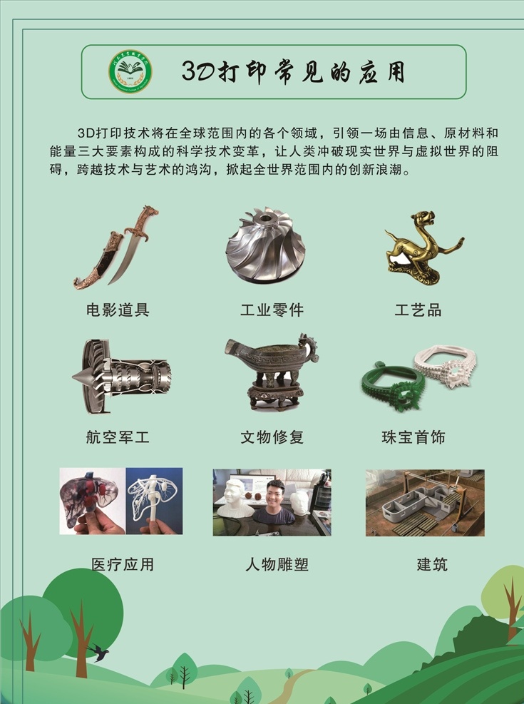 3d 打印覺(jué)應(yīng)用 農(nóng)業(yè)職業(yè)學(xué)院 職業(yè) 學(xué)院 logo 機(jī)器 電鍍 綠色背景 小清新背景 唯美背景 樹林 cdr廣告