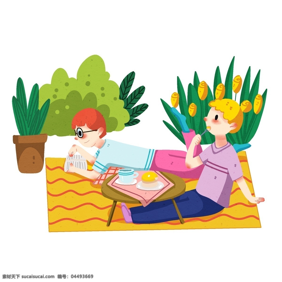 手繪 春分 郊游 插畫(huà) 游玩的孩子 黃色的郁金香 卡通插畫(huà) 美麗的景色 綠色的草叢 手繪春分插畫(huà)