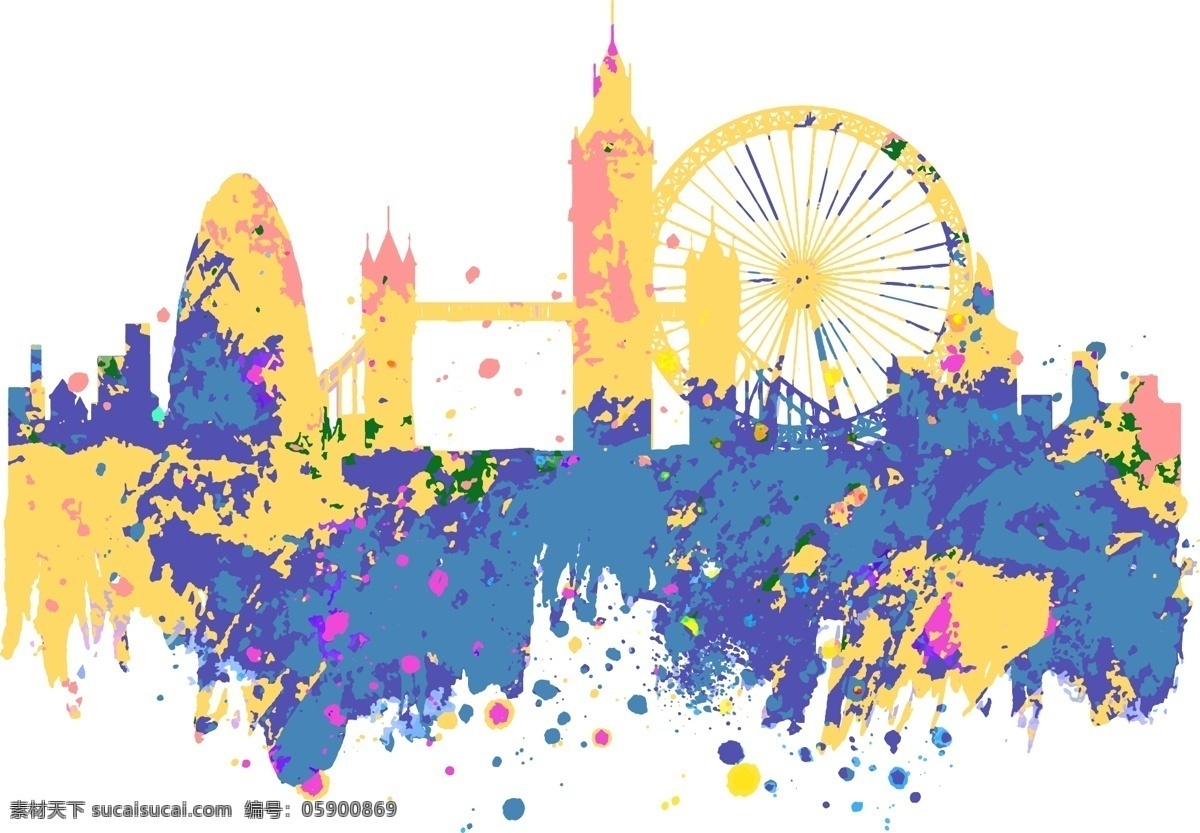 伦敦 城市 建筑 彩色 泼墨 剪影 装饰 图案 元素 地标
