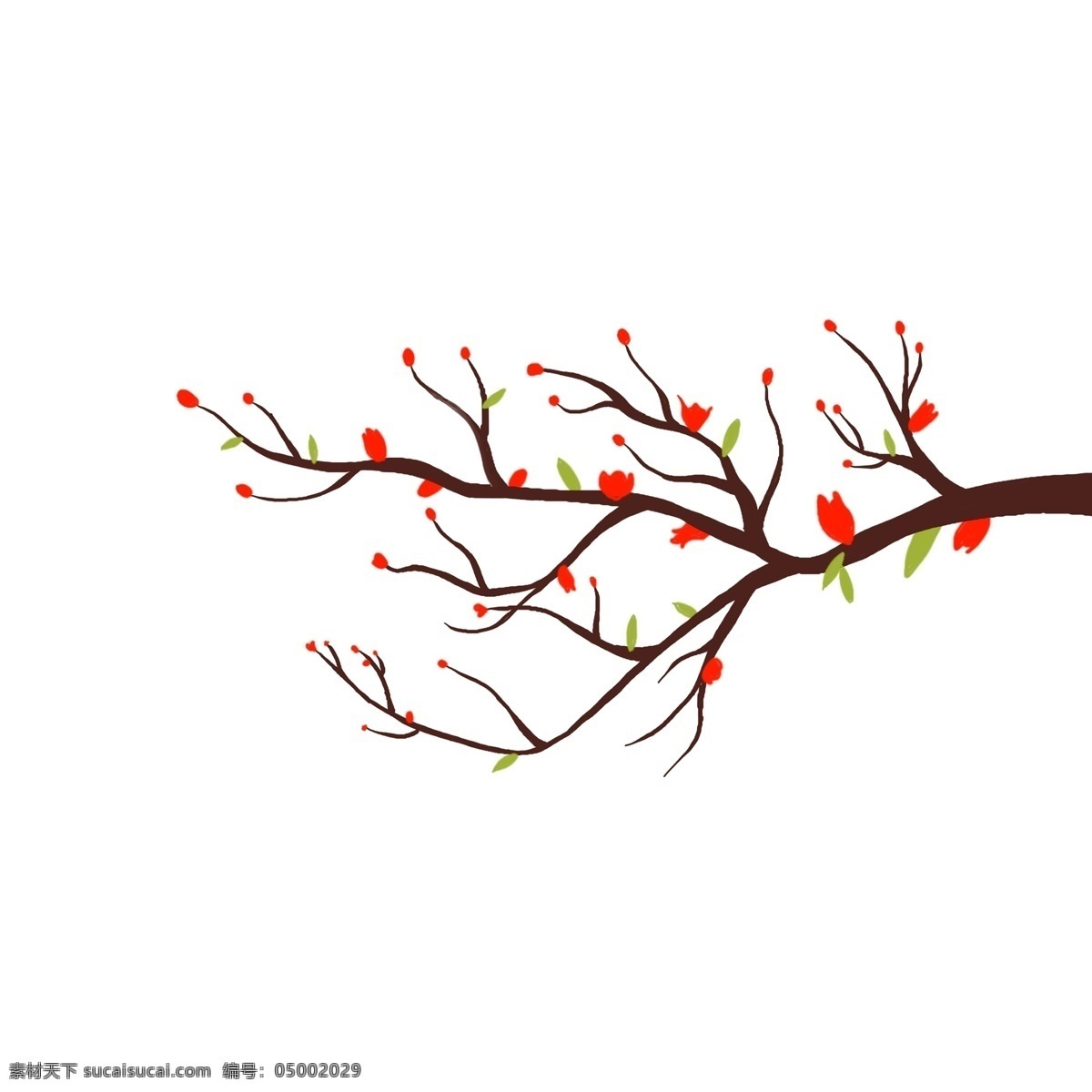 精美 红色 花朵 插画 红色的小花 绿色的叶子 树枝 植物 卡通植物插画 精美的花朵 美丽花朵 植物插画