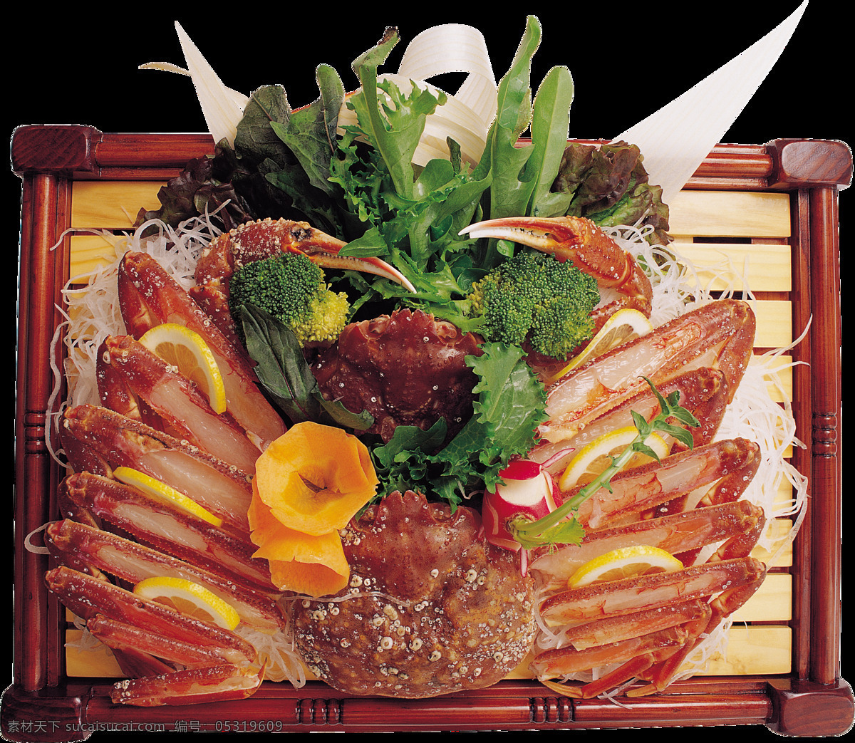 精美 螃蟹 日式 料理 美食 产品 实物 产品实物 木制餐盘 螃蟹料理 日本文化 日式美食 蔬菜