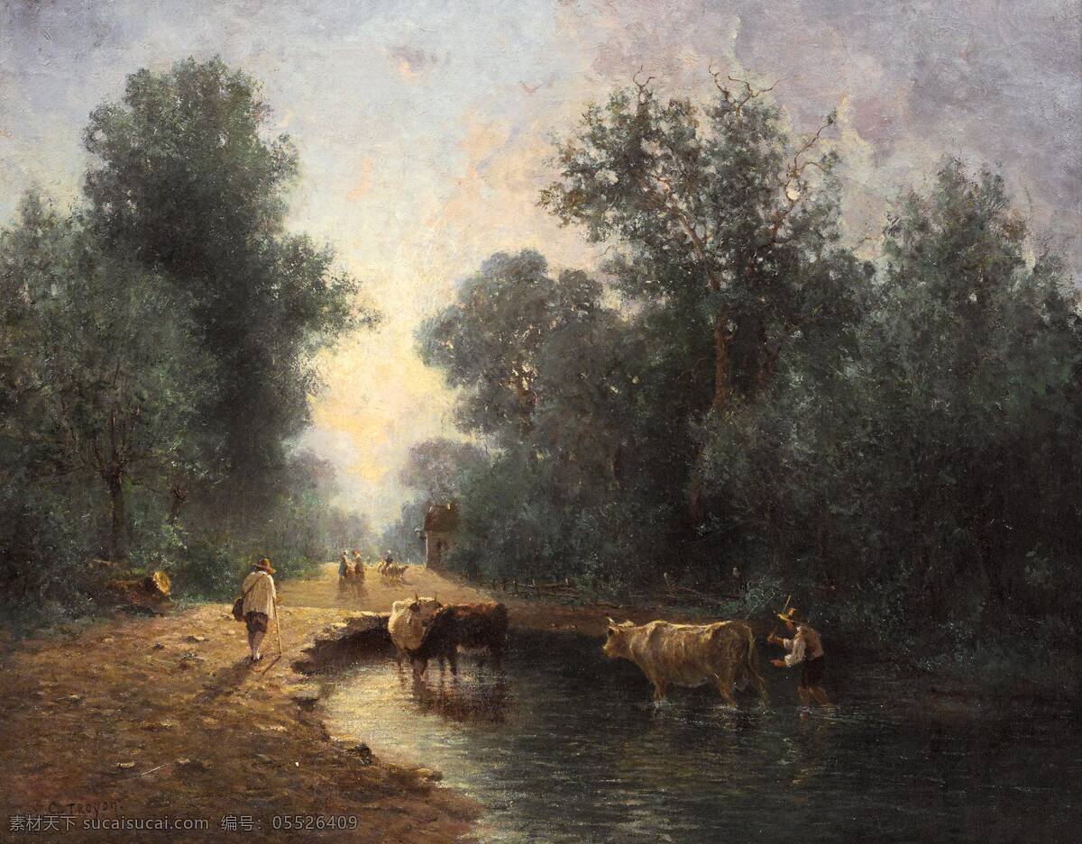 特罗旺作品 法国画家 牧羊人与羊群 树林里 夕阳西下 19世纪油画 油画 文化艺术 绘画书法