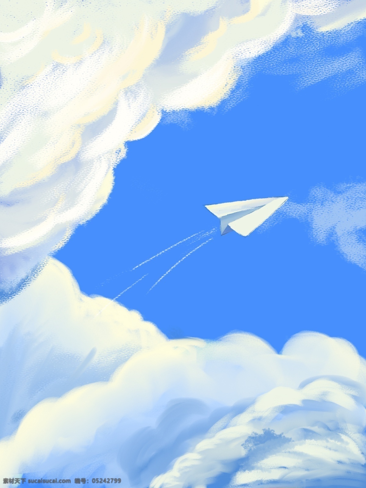 手绘 蓝天 白云 纸 飞机 突破 云层 背景 纸飞机 漫画风 高空 原创