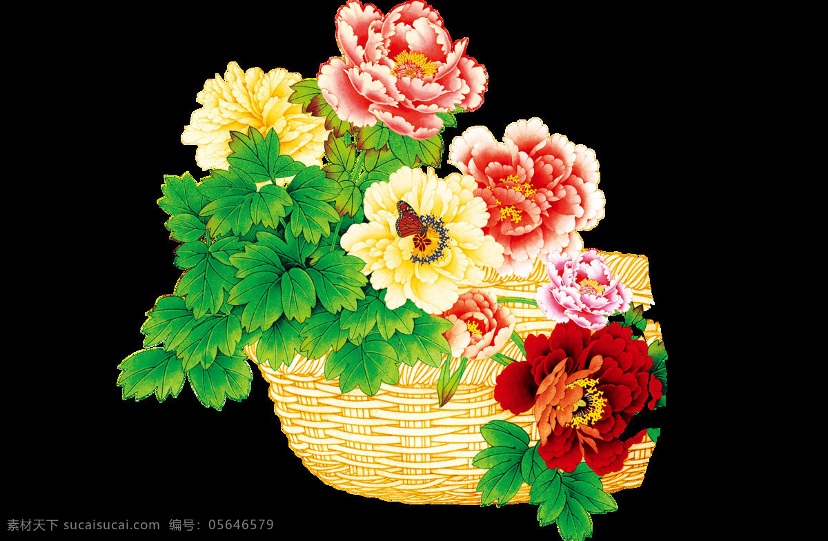 手繪 竹籃 花朵 元素 小清新 春天 鮮艷 綠葉 png元素 免摳元素 透明元素