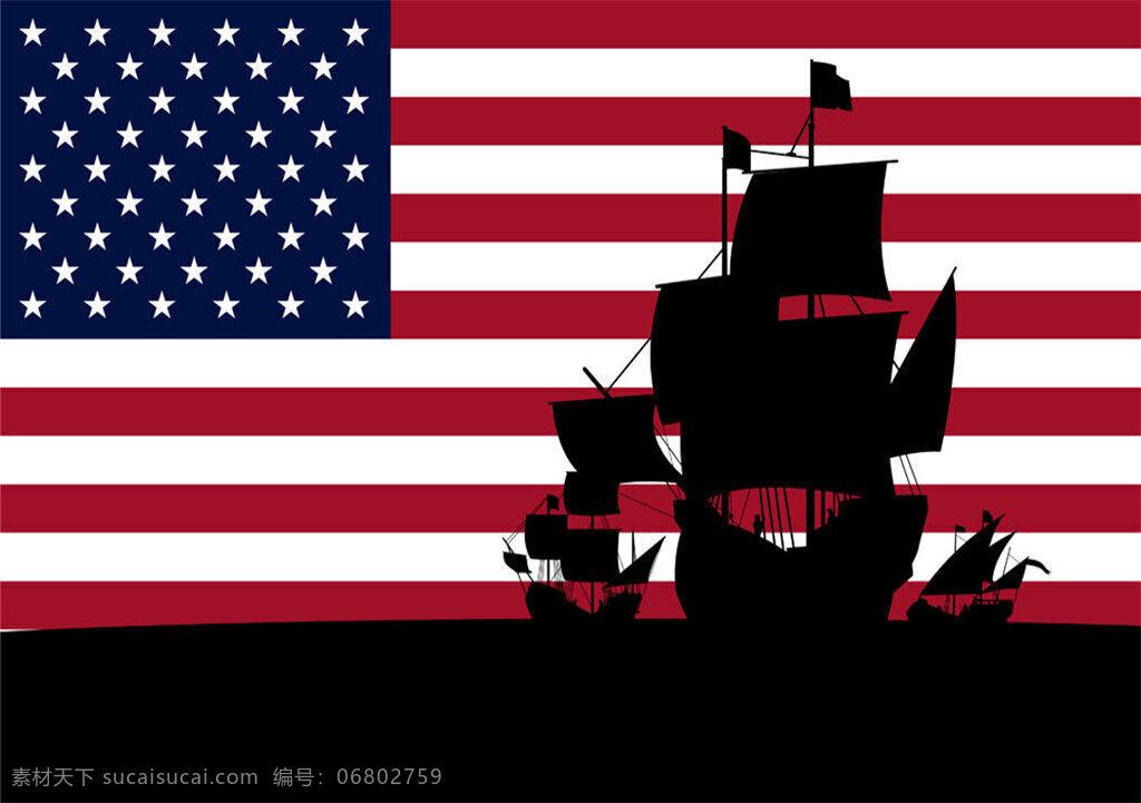 美国 国旗 上 船只 黑影 背景画 动漫 卡通 梦幻 图画素材 梦幻素材 童话世界 背景素材
