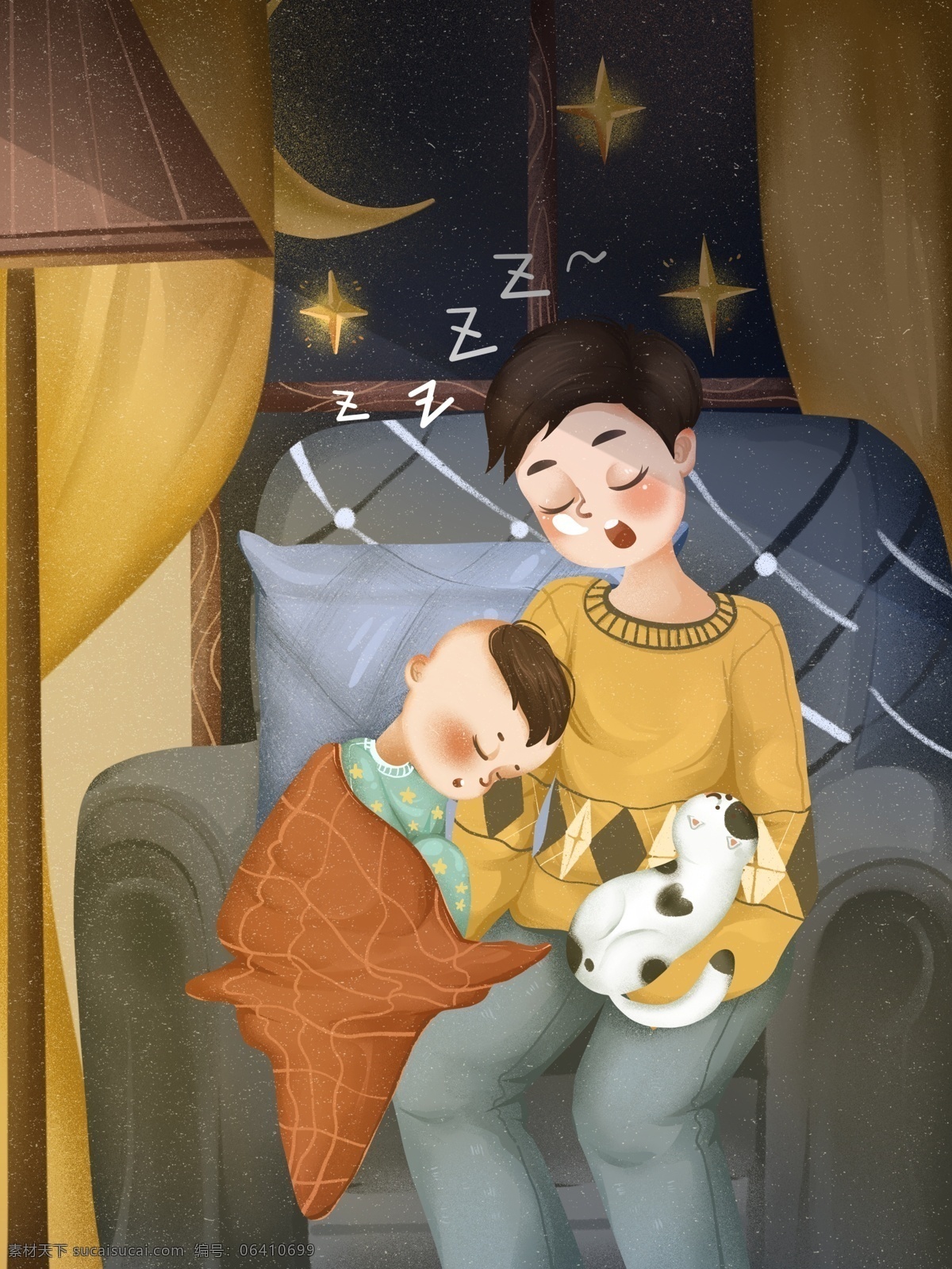 世界 幸福 日 男孩 婴儿 一起 睡觉 温馨 场景 插画 世界幸福日 可爱 猫咪