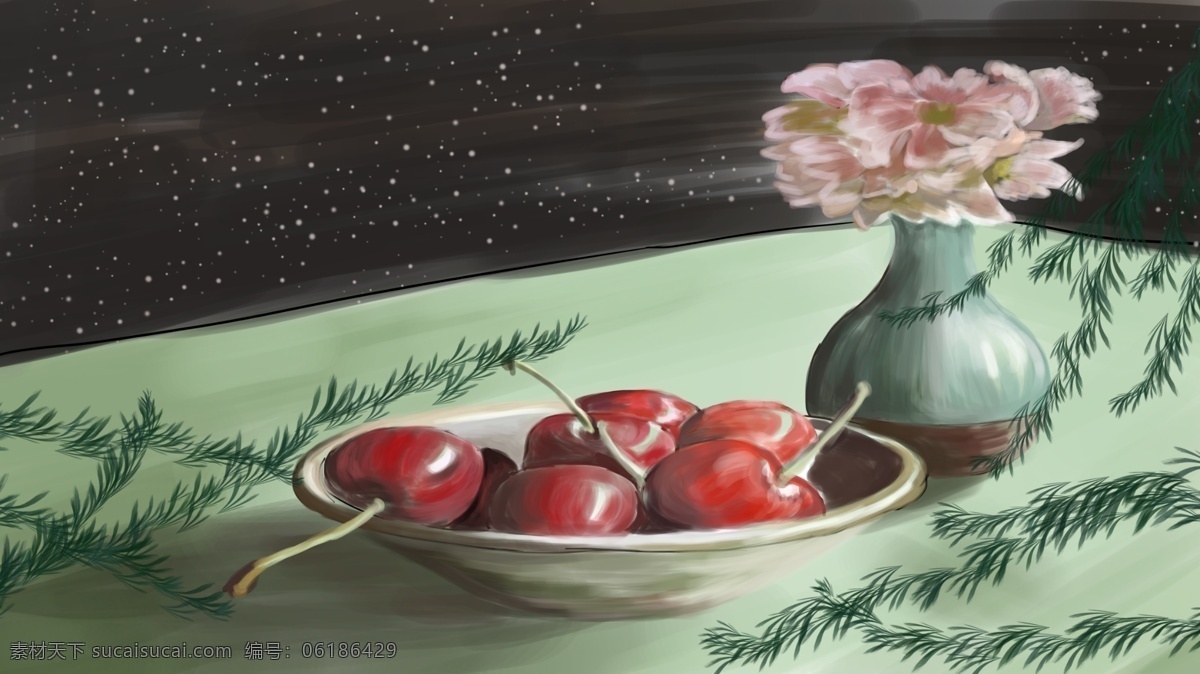 静物樱桃插画 花瓶 盘子 插画 桌面 壁纸 静物 樱桃 柳枝 碗 写实 花 绘画