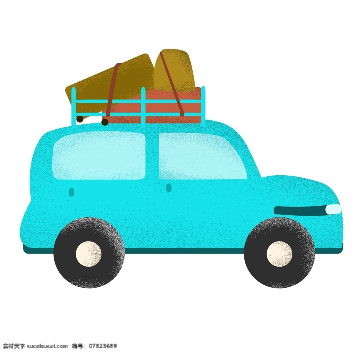 蓝色 越野车 装饰 元素 装饰元素 汽车 自驾游 行李 背包 手绘 玩耍 出门