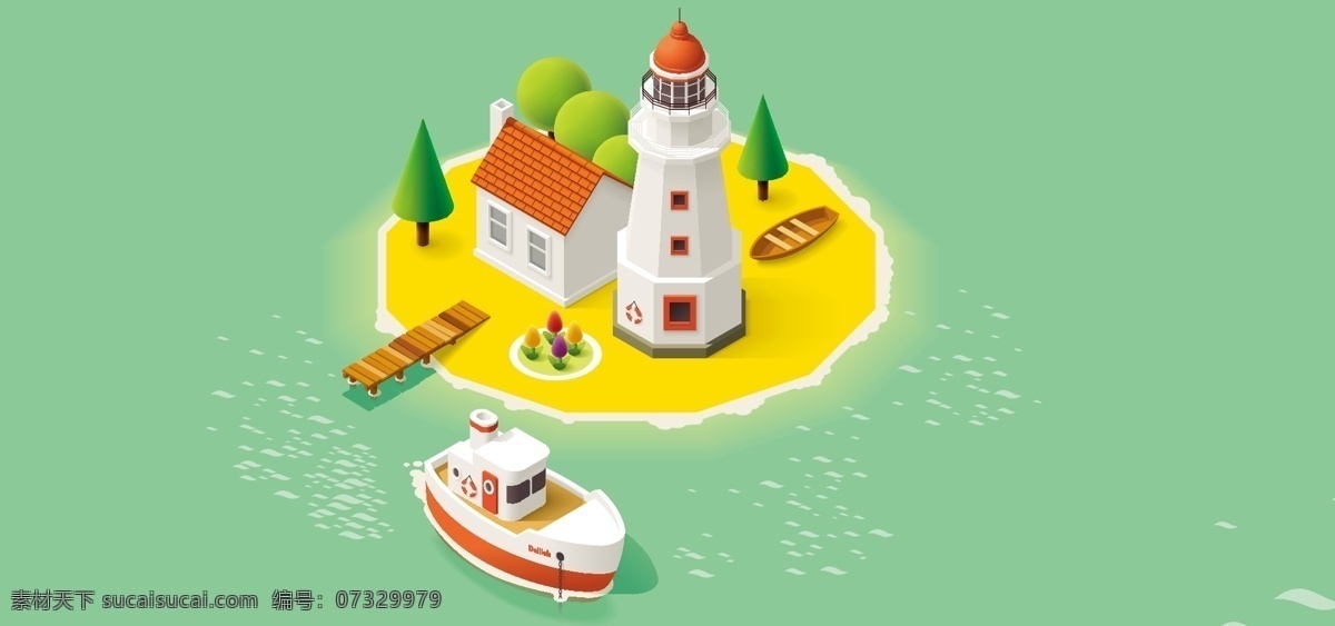 卡通 度假 孤岛 海岛 小岛 小船 共享素材