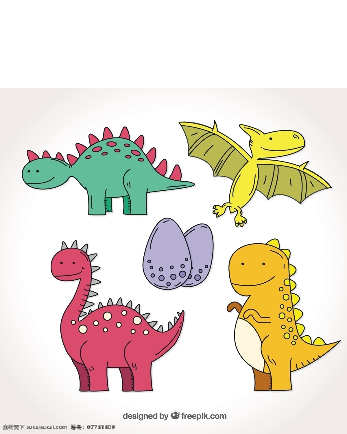 手绘 彩色 恐龙 收藏 自然 动物 可爱的怪物 画画 可爱的鸡蛋 拉野 蜥蜴 不错 素描 野生动物 粗略 大恐龙 白色