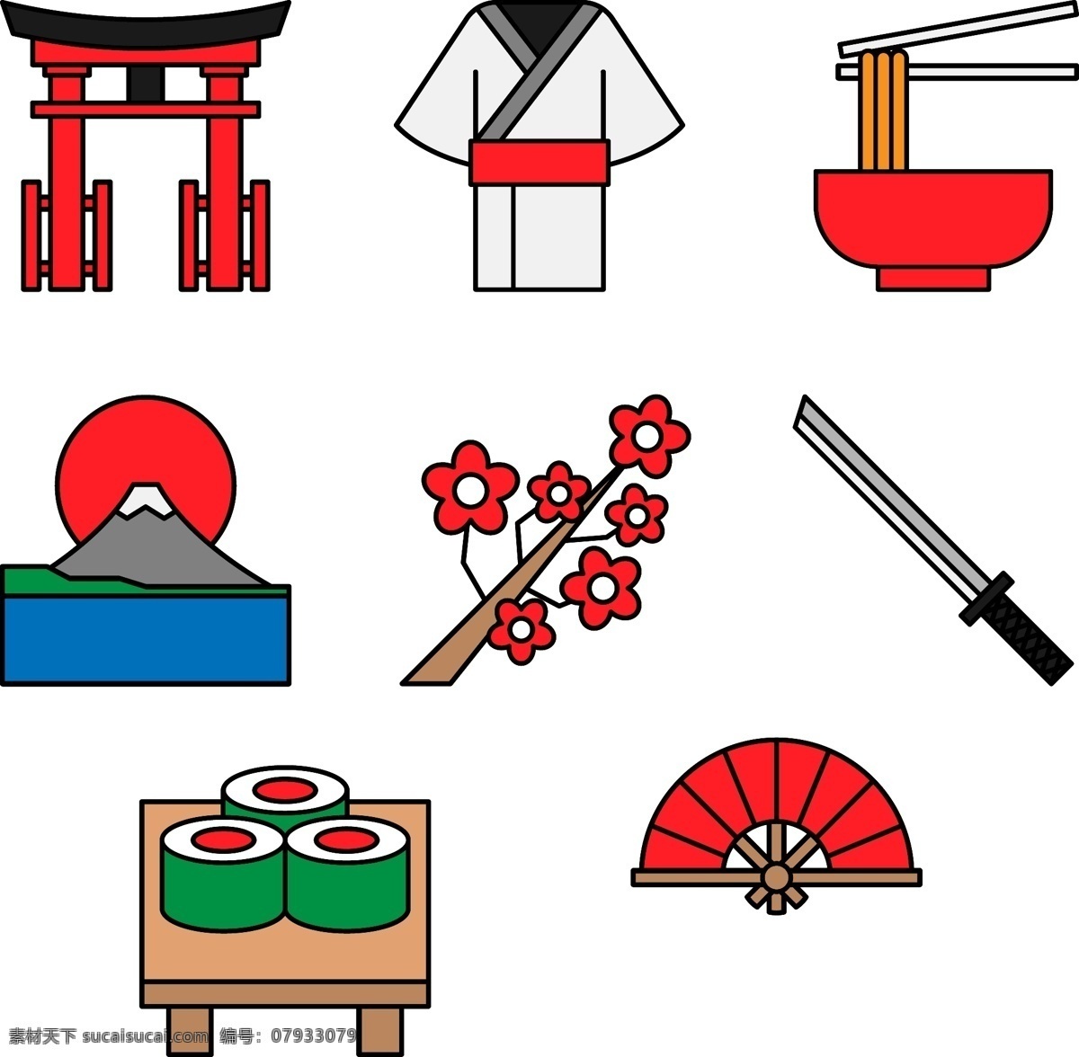 卡通 日本 文化 图案 元素 日本文化 卡通寿司 日本和服 卡通武士军刀 樱花 日本富士山 卡通拉面