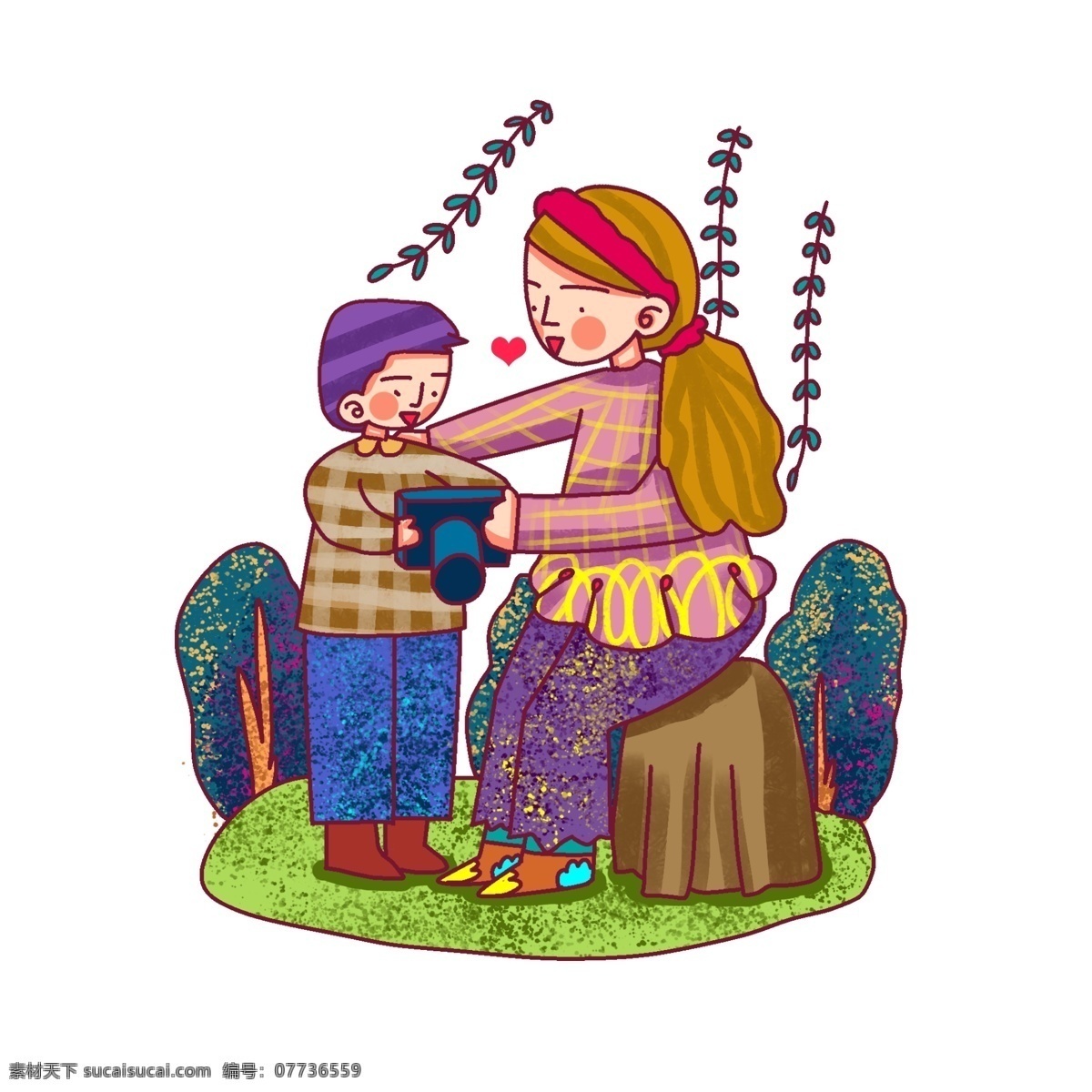 卡通 風(fēng)格 春日 母子 爛漫 踏青 出游 溫馨 季節(jié) 草地 植物 男孩 母親 頭飾 服飾圖案 小花 長(zhǎng)發(fā) 短發(fā) 愛心 線描 清明節(jié)