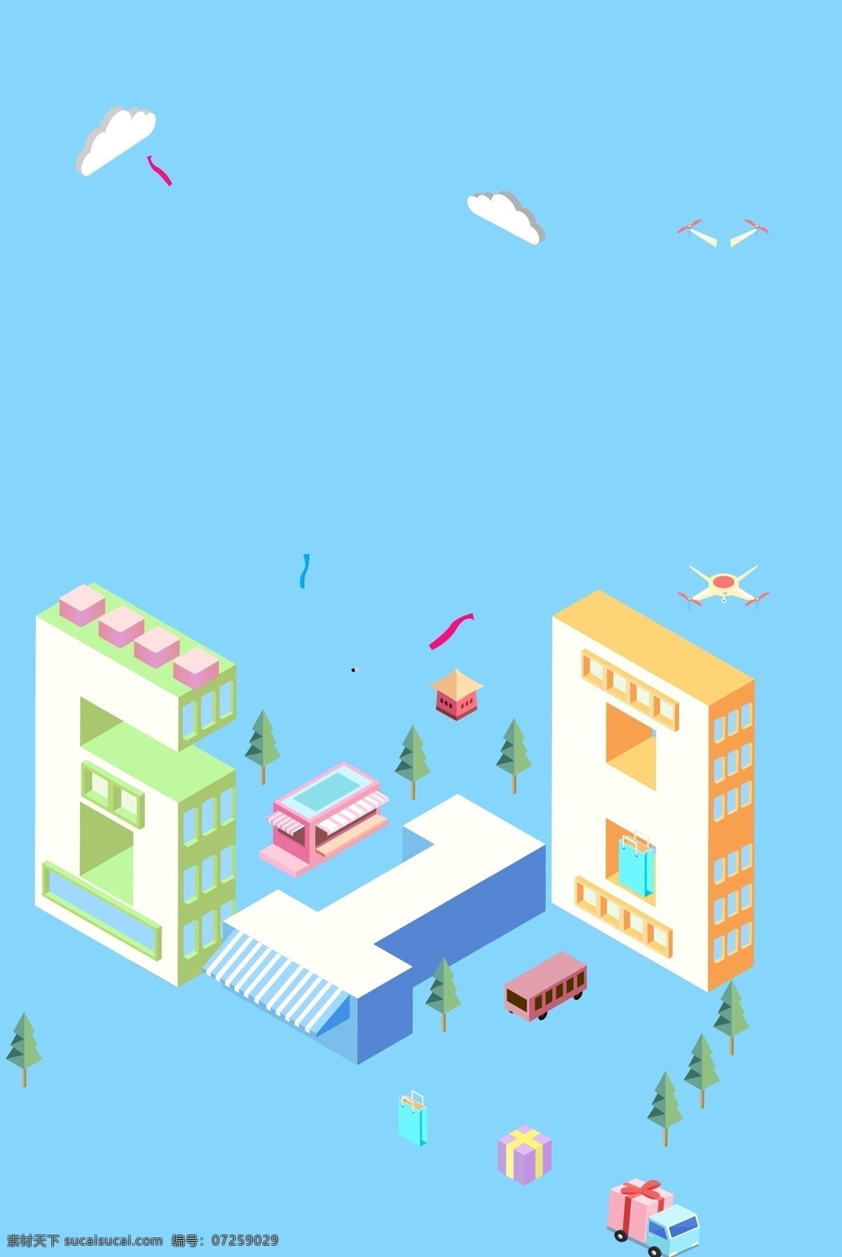 蓝天 白云 城市 建筑 城市建筑 卡通建筑 商场 促销活动 卡通促销 销售活动 销售插画 商业促销 购物商场 开心