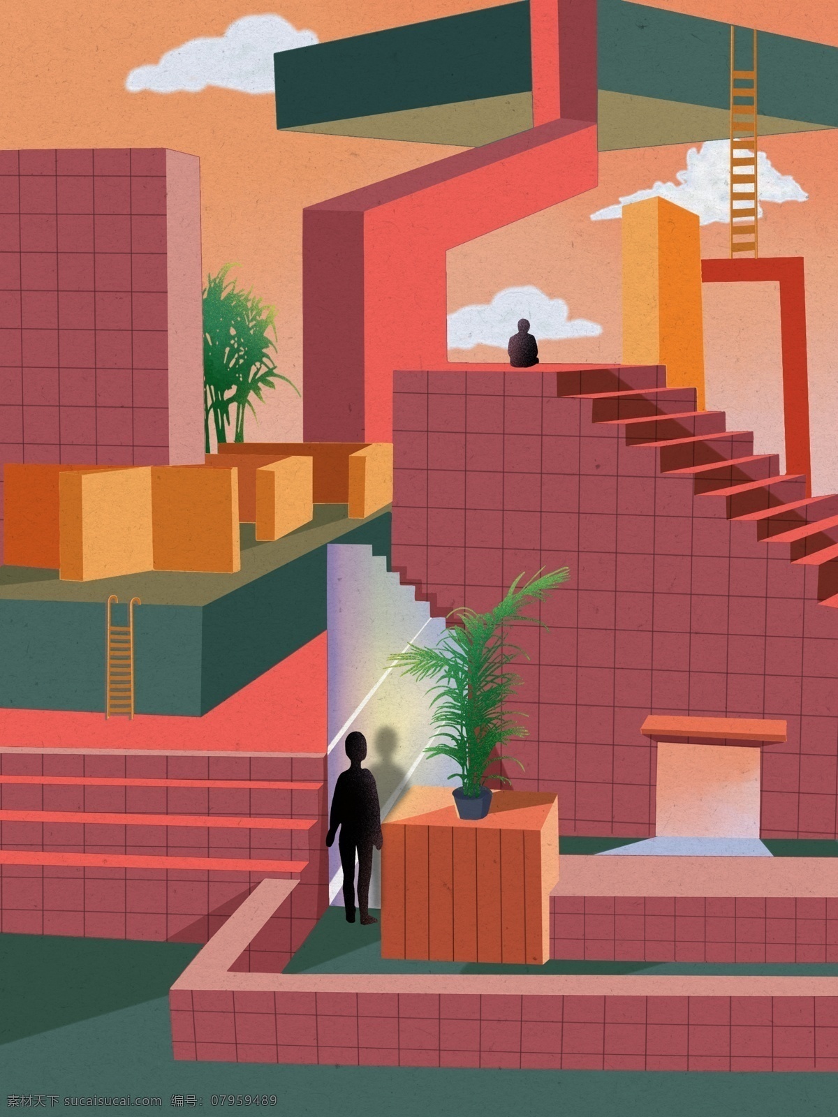 3d 色 界 无边 空间 墙 治愈 色彩 超现实 插画 经典配色 镜子 楼梯 构成 三维 方体