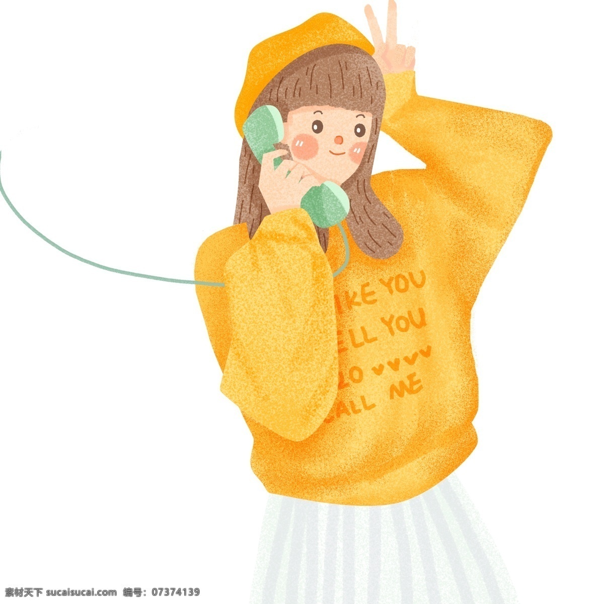 清新 手繪 打電話 青春 女孩 卡通 少女 女生 人物設計